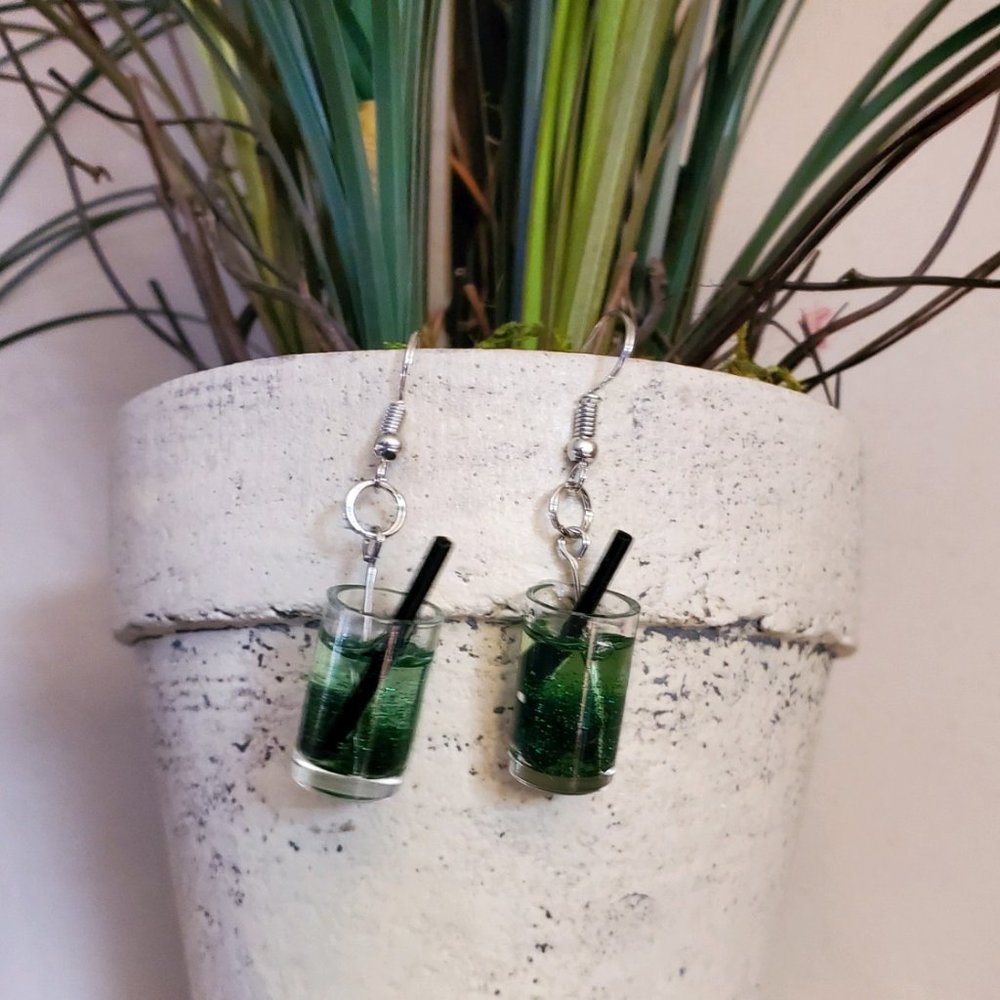 Green Glitter Drink Dangle Earring